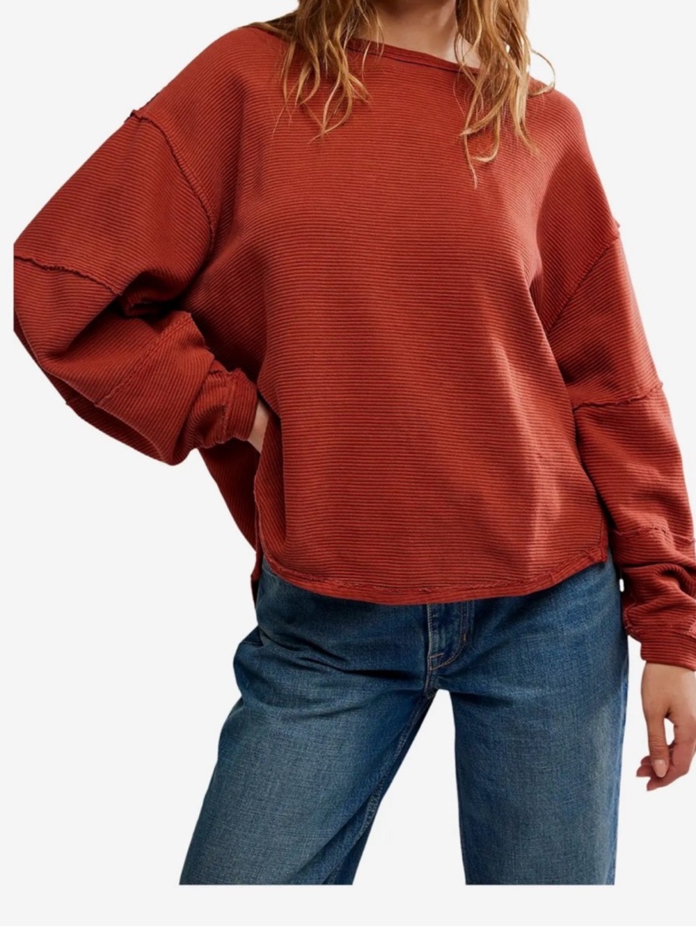 Women's Free People Coral Ribbed Long-Sleeve Sweatshirt